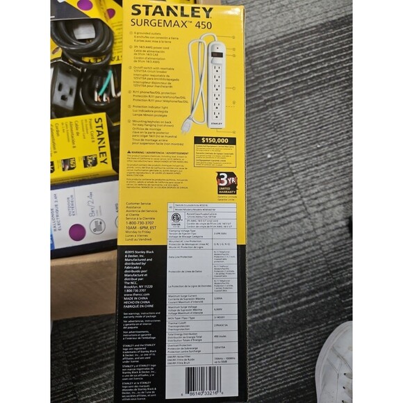 New Stanley 33216 6 Outlet White Phone & Fax Surge Suppressor - Picture 2 of 3